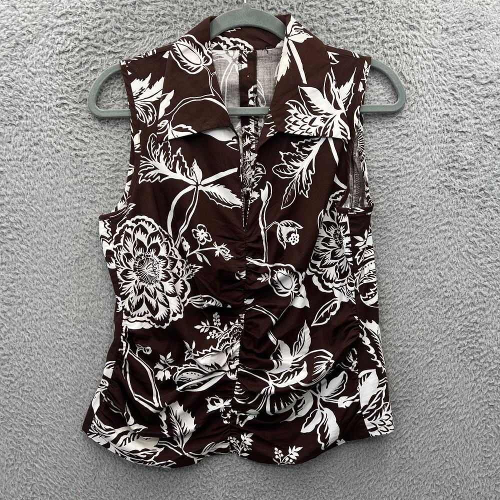 Brown White Floral Print Sleeveless Button Front‎ Top S/M Momcore Normcore Indie